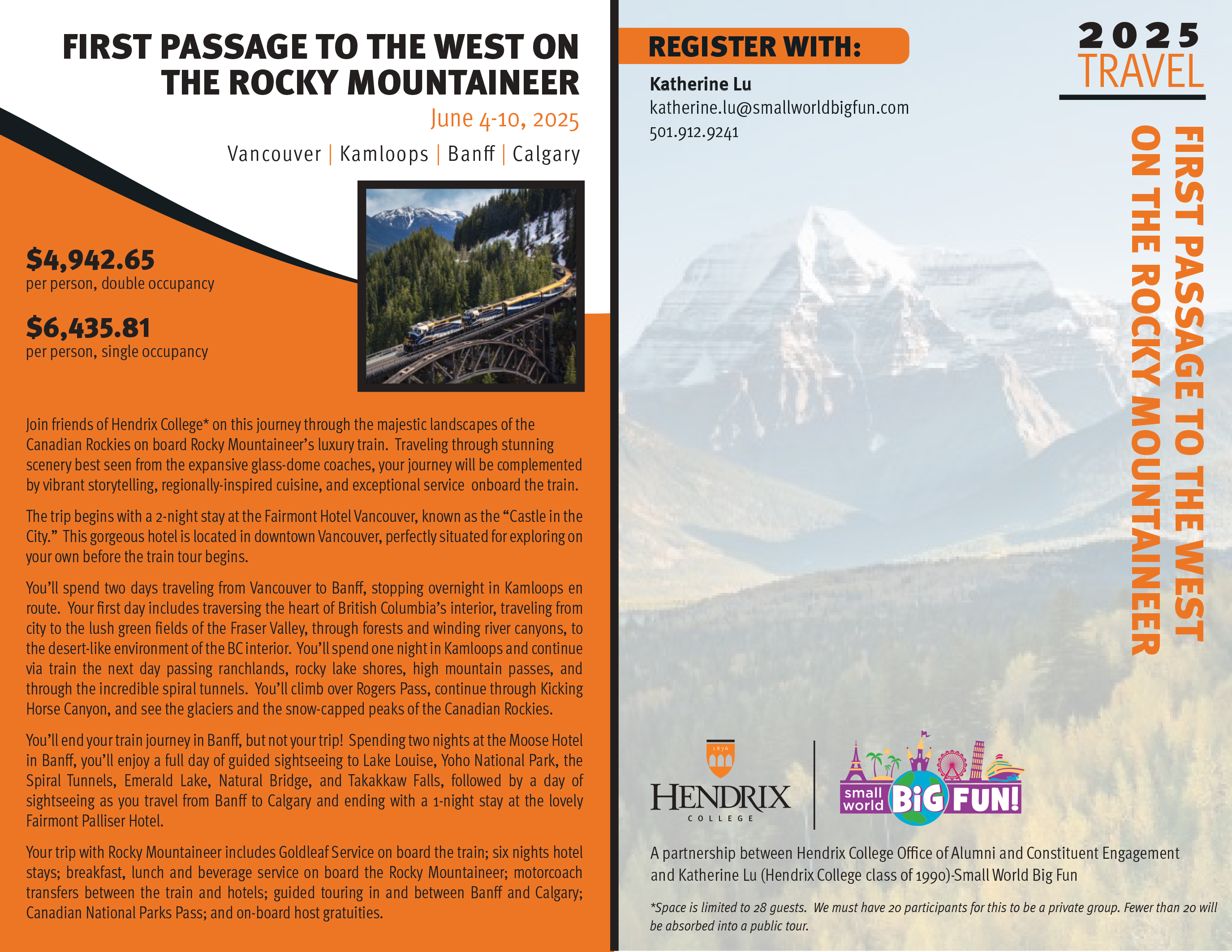 Brochure for Canadian Rockies trip in 2025 - contact alumni@hendrix.edu for details.